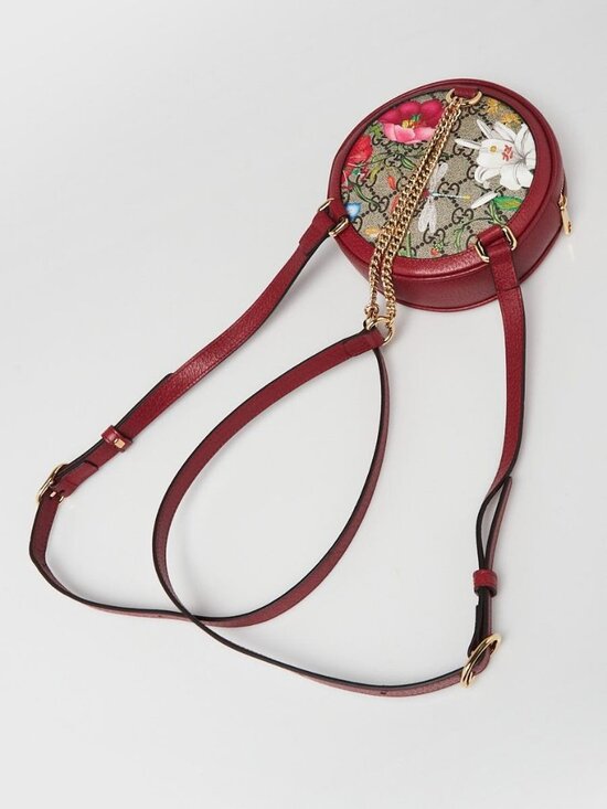 Gucci Red Leather GG Flora Coated Canvas Ophidia Round Mini Backpack Bag